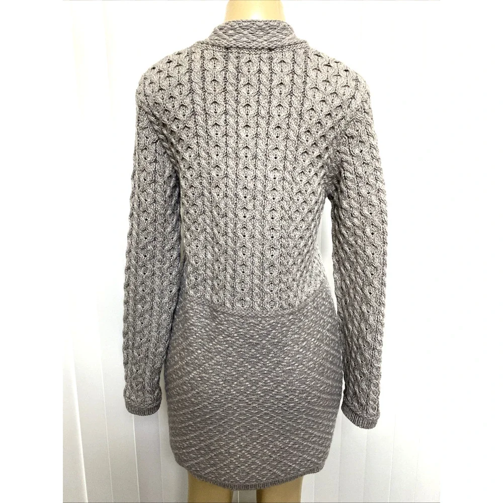 Aran Crafts Irish Cable Knit Sweater Coat Zip Fisherman Wool Gray Cardigan S
